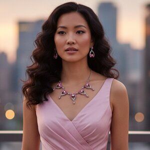 Fairytale Victorian Pink Heart Jewelry, gemstone necklace and earrings assemble